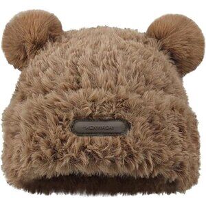 Women's Khaki Furry Beanie with Pom Pom Winter Warm Knitted Hat Bear Costume